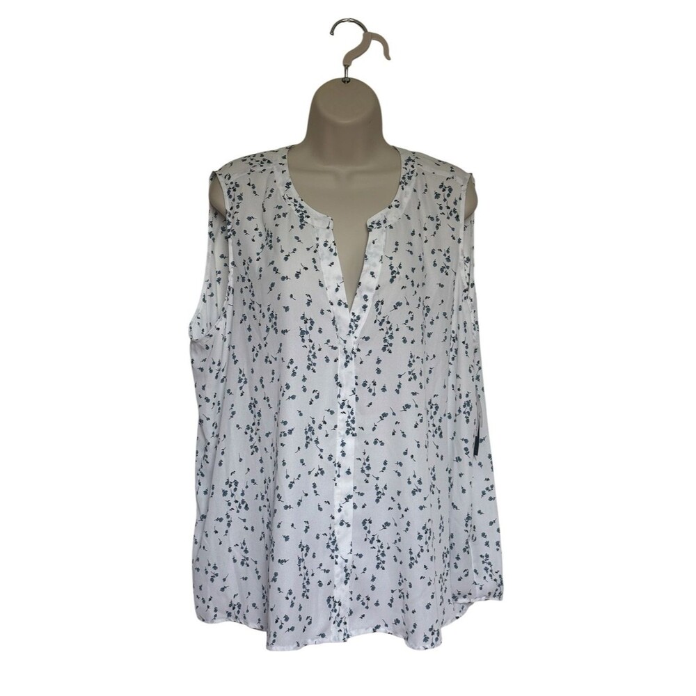 NWT Zac & Rachel Woman White Blue Floral Sleeveless Popover V Neck Blouse Sz 1X